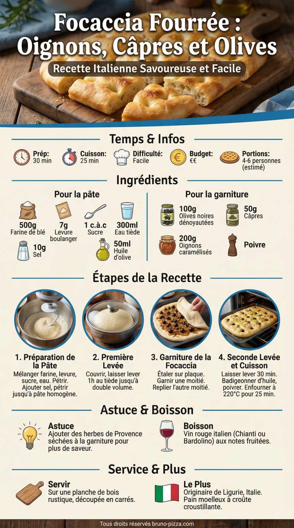 Fiche recette Focaccia fourr&eacute;e : recette aux oignons, c&acirc;pres et olives