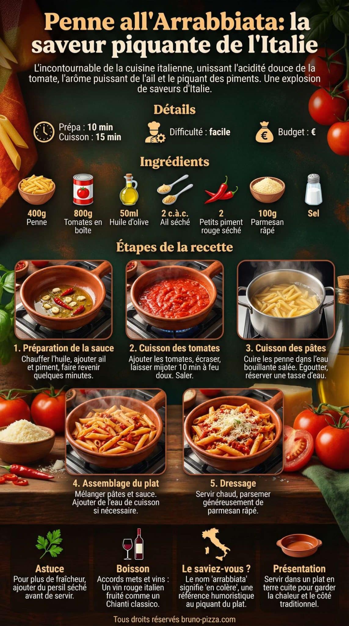 Fiche recette Recette de Penne all'Arrabbiata : la saveur piquante de l'Italie