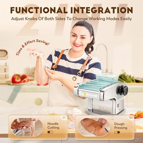 CGOLDENWALL Machine à Pâtes Électrique, Moteur 135W avec 4 Lames (2mm/2.5 mm/4 mm/9mm) et 9 Épaisseurs Réglables de 0,5-5 mm, Protection en ABS, Acier Inoxydable pour des Nouilles Fraîches Maison