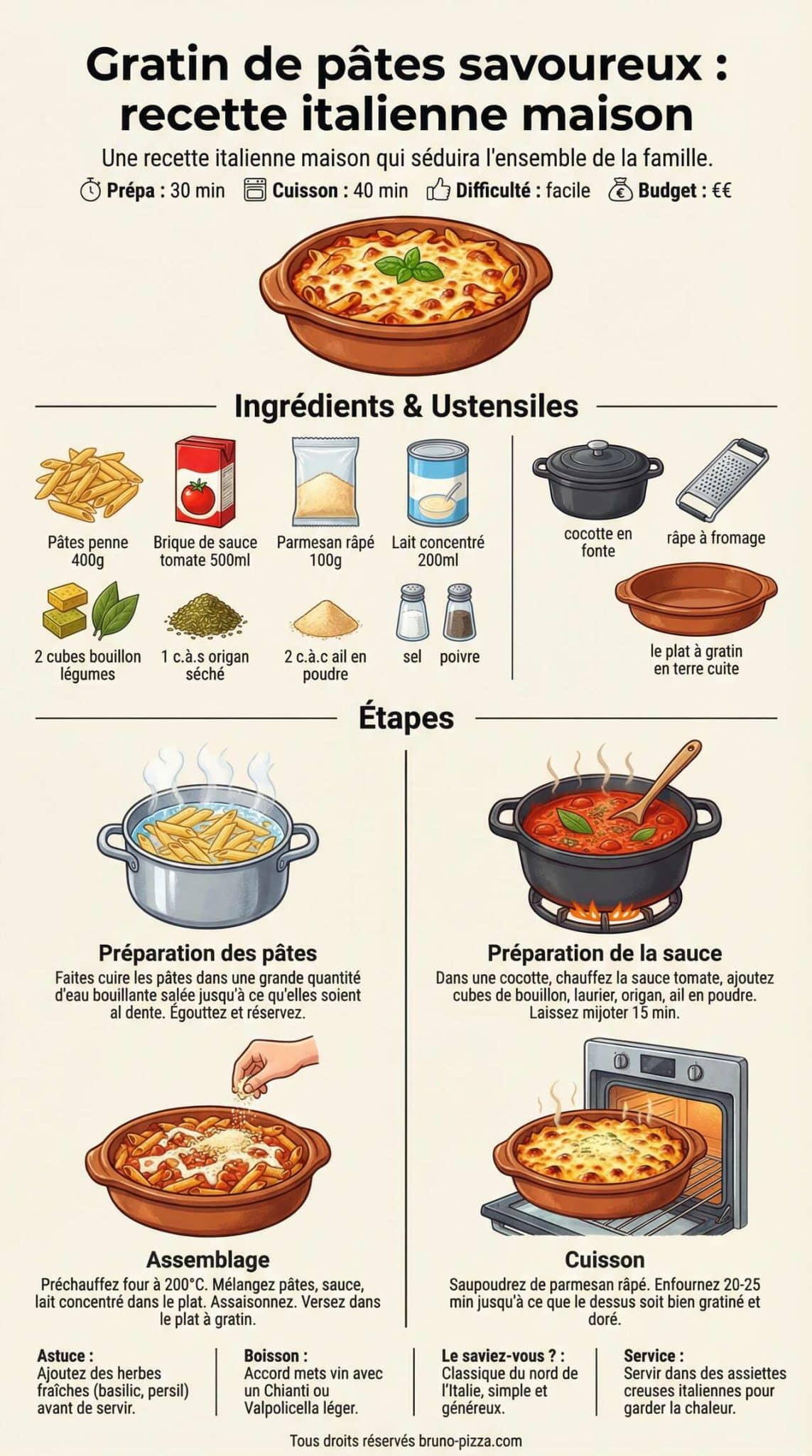 Fiche recette Gratin de p&acirc;tes savoureux : recette italienne maison