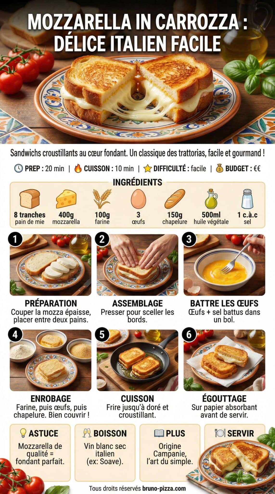 Fiche recette Recette de mozzarella in carrozza : un délice italien facile à préparer Fiche recette Recette de mozzarella in carrozza : un délice italien facile à préparer