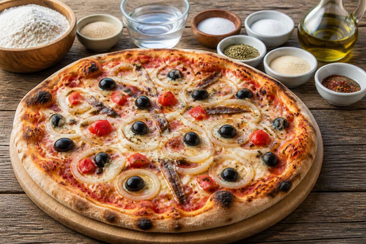 Délice de pizza maison : oignons, tomates et anchois