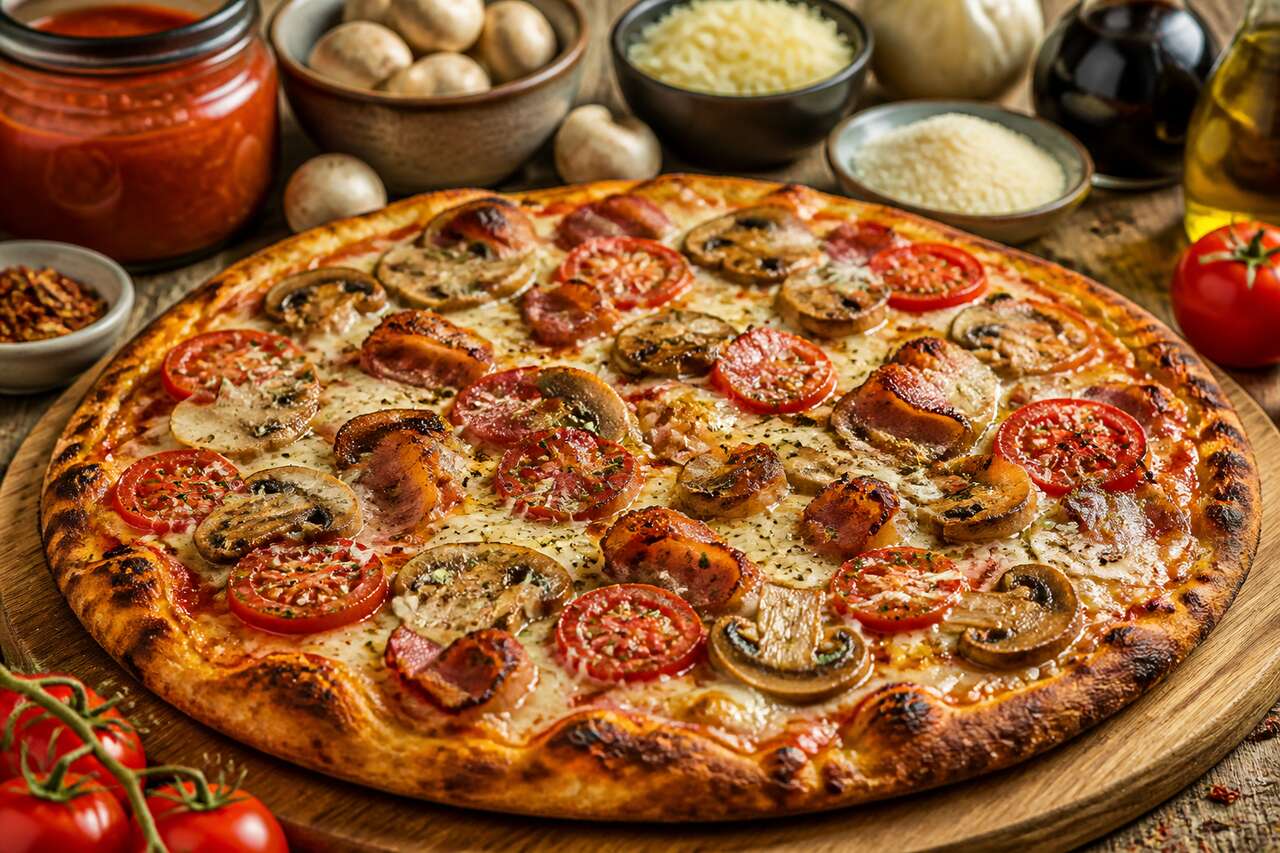 Recette pizza : lardons, champignons, tomates faciles et savoureuse