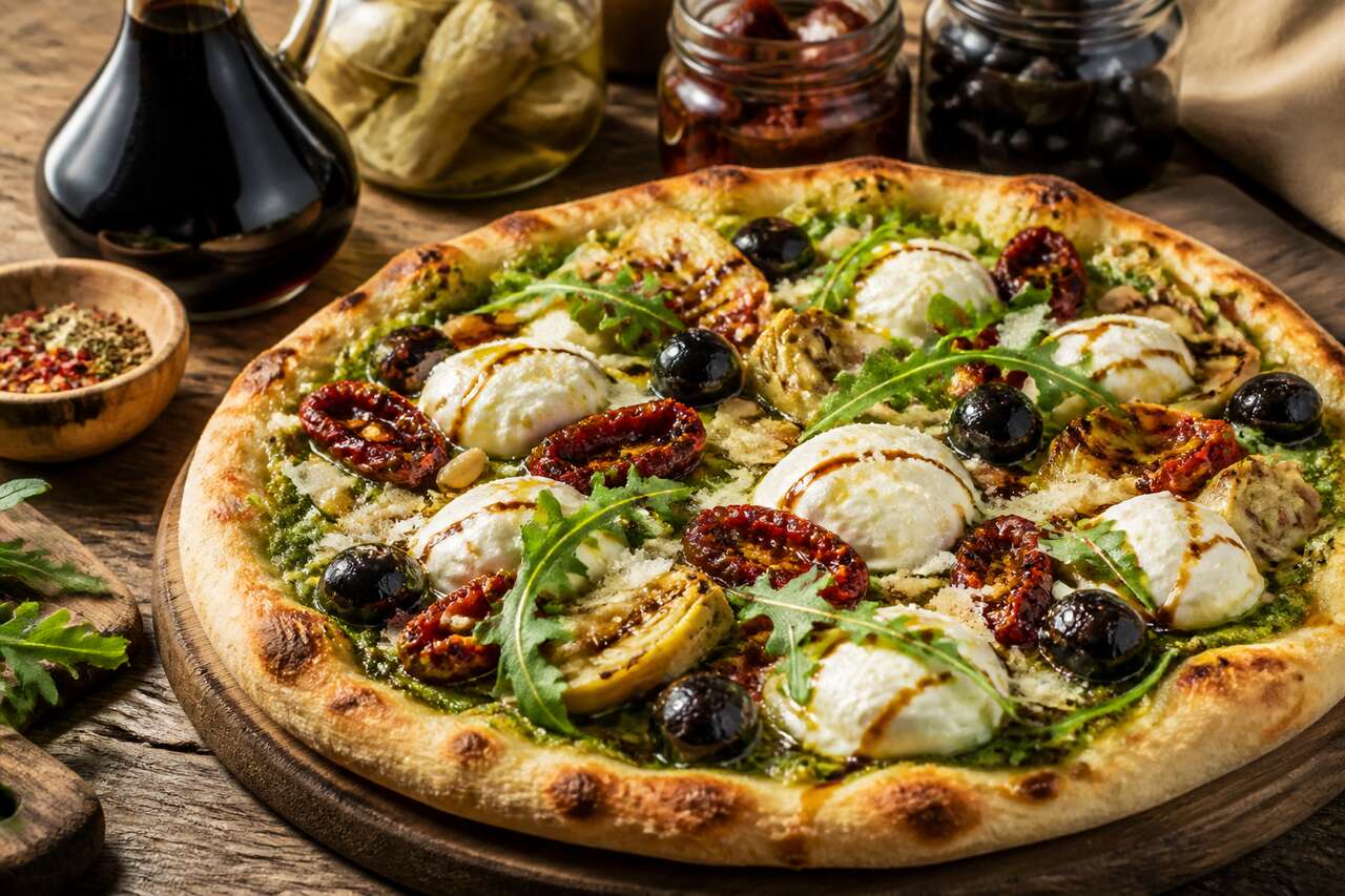 Pizza d'été à la burrata et pesto de roquette