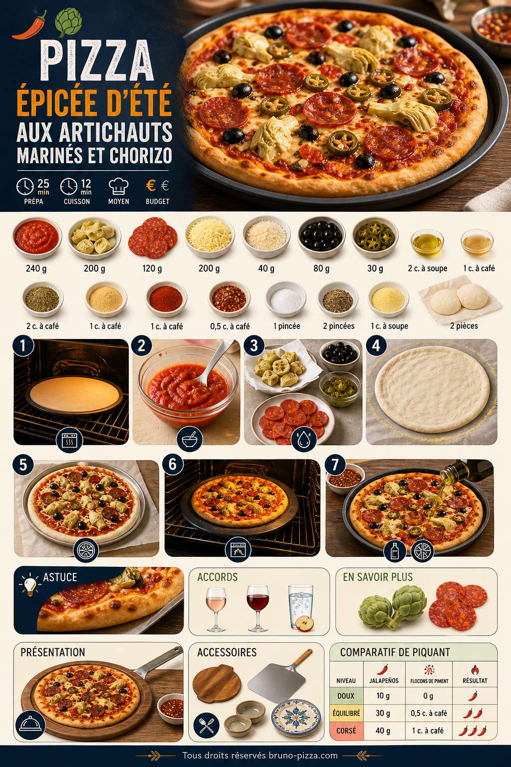 Fiche recette Pizza épicée d'été aux artichauts marinés et chorizo Fiche recette Pizza épicée d'été aux artichauts marinés et chorizo