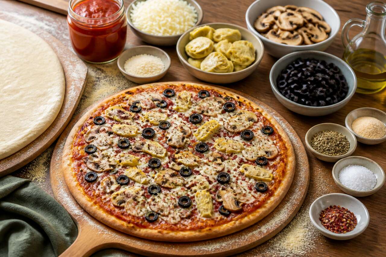 Pizza végétarienne d'été aux artichauts, champignons et olives noires