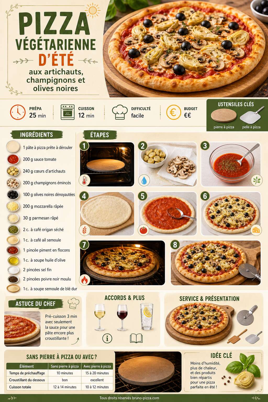 Fiche recette Pizza végétarienne d'été aux artichauts, champignons et olives noires Fiche recette Pizza végétarienne d'été aux artichauts, champignons et olives noires