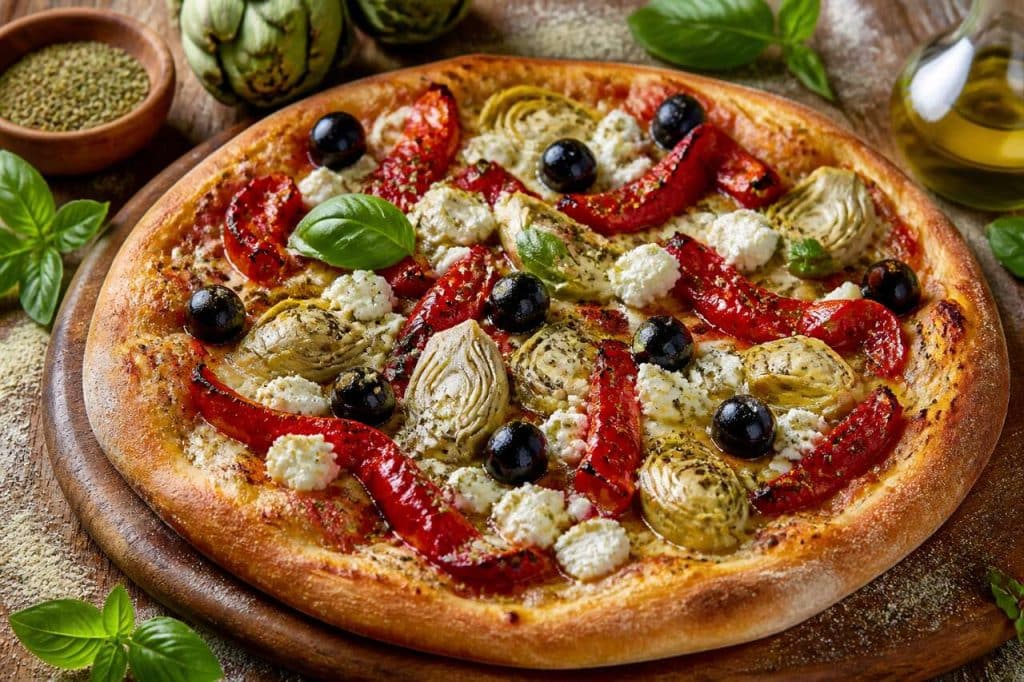 Pizza méditerranéenne d'été aux poivrons rôtis et feta crémeuse