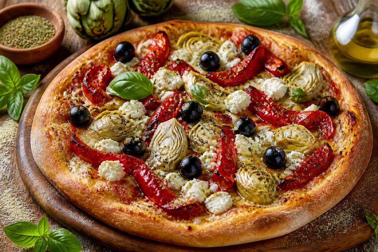 Pizza méditerranéenne d'été aux poivrons rôtis et feta crémeuse