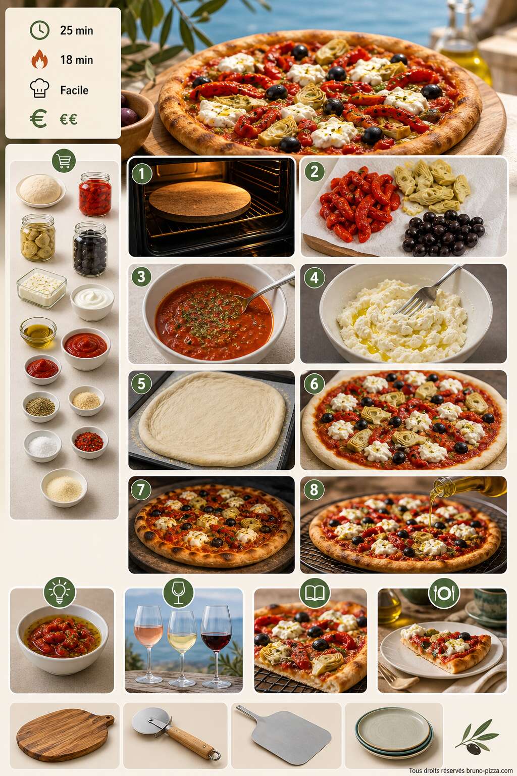 Fiche recette Pizza méditerranéenne d'été aux poivrons rôtis et feta crémeuse Fiche recette Pizza méditerranéenne d'été aux poivrons rôtis et feta crémeuse