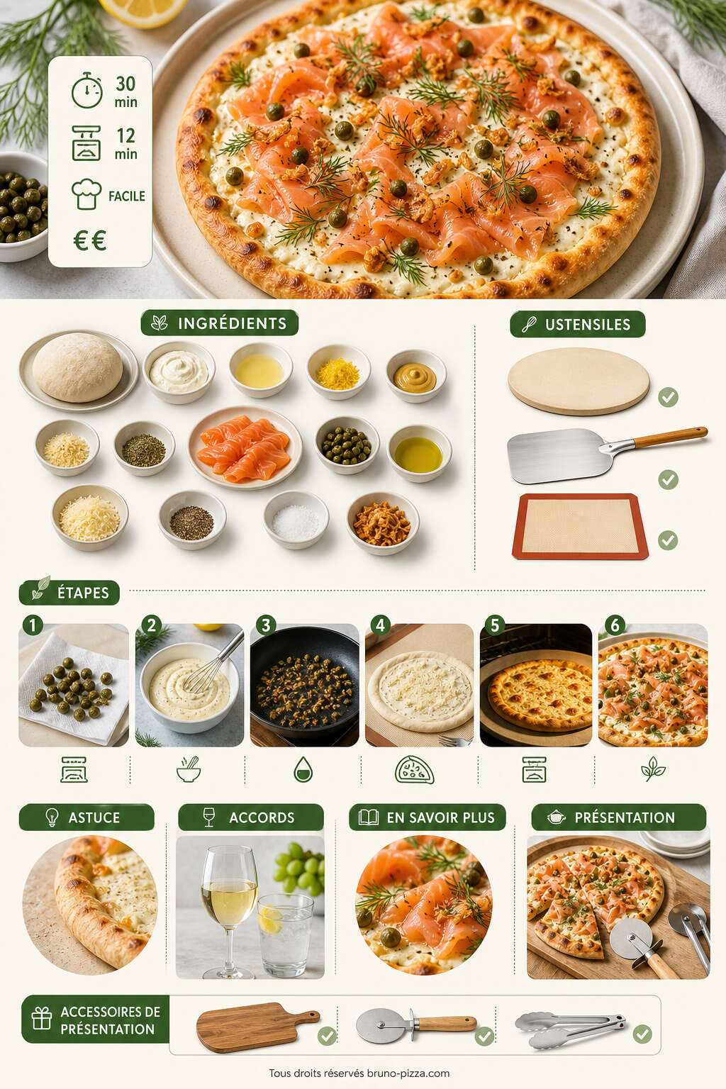 Fiche recette Pizza estivale au saumon fumé et aneth avec crème citronnée et câpres croquantes Fiche recette Pizza estivale au saumon fumé et aneth avec crème citronnée et câpres croquantes