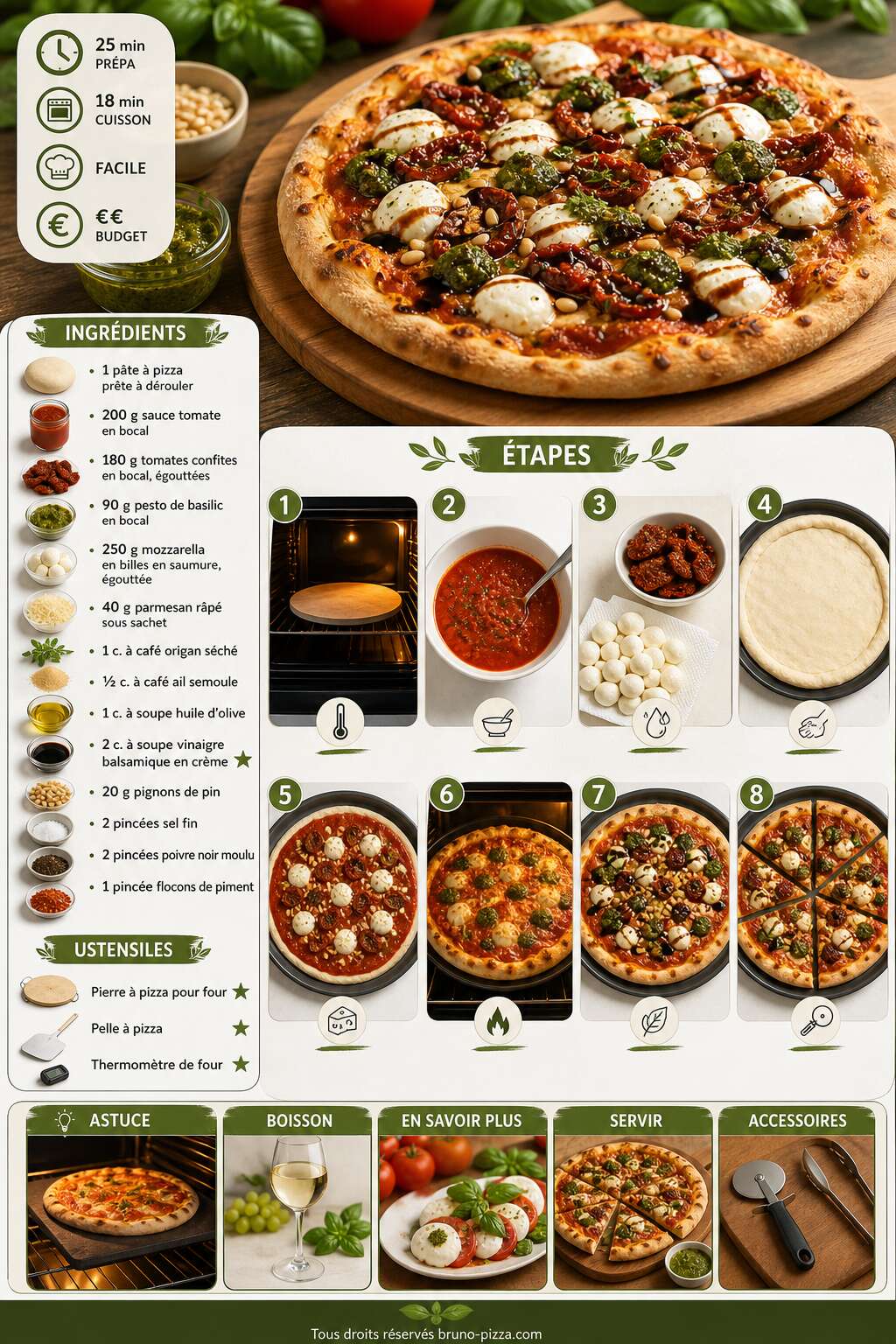 Fiche recette Pizza caprese d'été aux tomates confites et pesto de basilic Fiche recette Pizza caprese d'été aux tomates confites et pesto de basilic