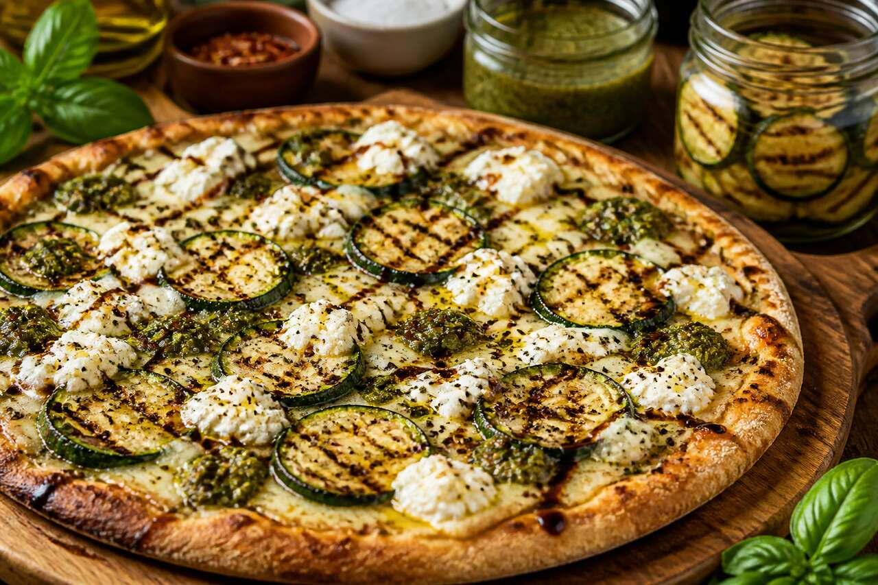 Pizza d'été aux courgettes et crème de ricotta parfumée au basilic