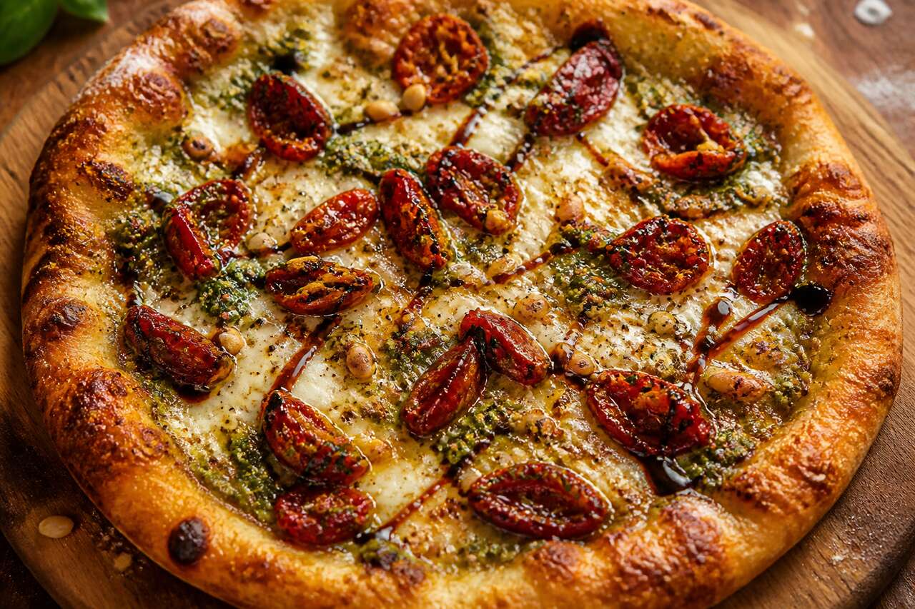 Pizza d'été aux tomates confites et basilic au miel et pignons croquants