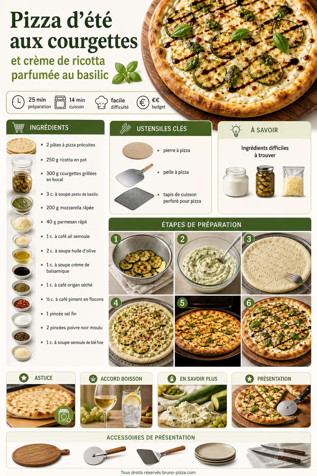 Fiche recette Pizza d'été aux courgettes et crème de ricotta parfumée au basilic Fiche recette Pizza d'été aux courgettes et crème de ricotta parfumée au basilic