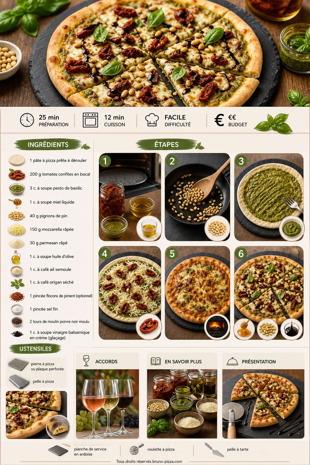 Fiche recette Pizza d'été aux tomates confites et basilic au miel et pignons croquants Fiche recette Pizza d'été aux tomates confites et basilic au miel et pignons croquants