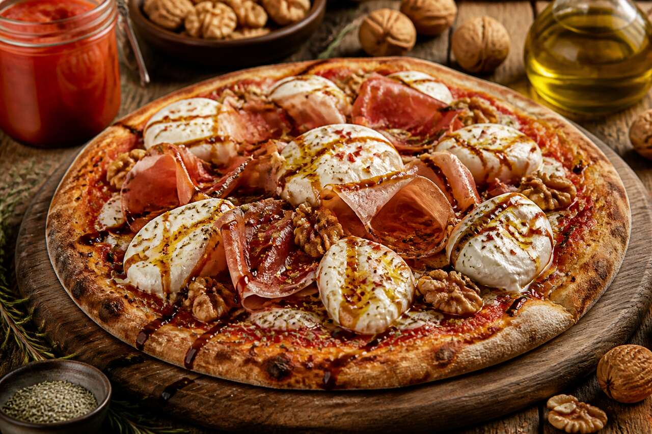 Pizza d'été à la burrata, prosciutto et noix