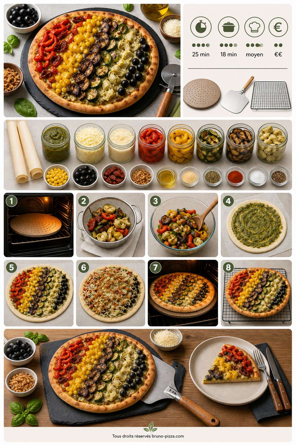 Fiche recette Pizza arc-en-ciel d'été aux légumes grillés et pesto de basilic Fiche recette Pizza arc-en-ciel d'été aux légumes grillés et pesto de basilic