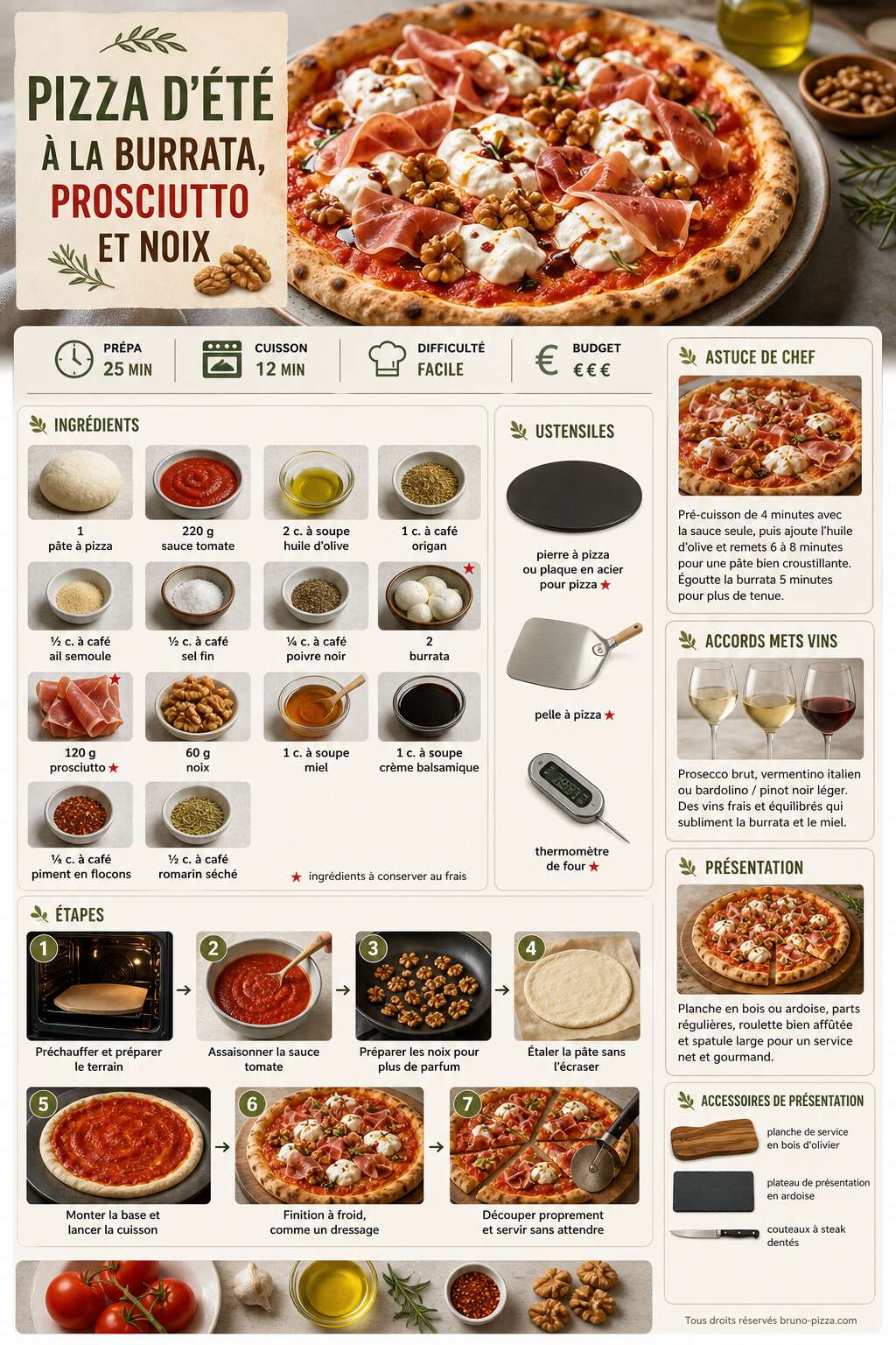 Fiche recette Pizza d'été à la burrata, prosciutto et noix Fiche recette Pizza d'été à la burrata, prosciutto et noix
