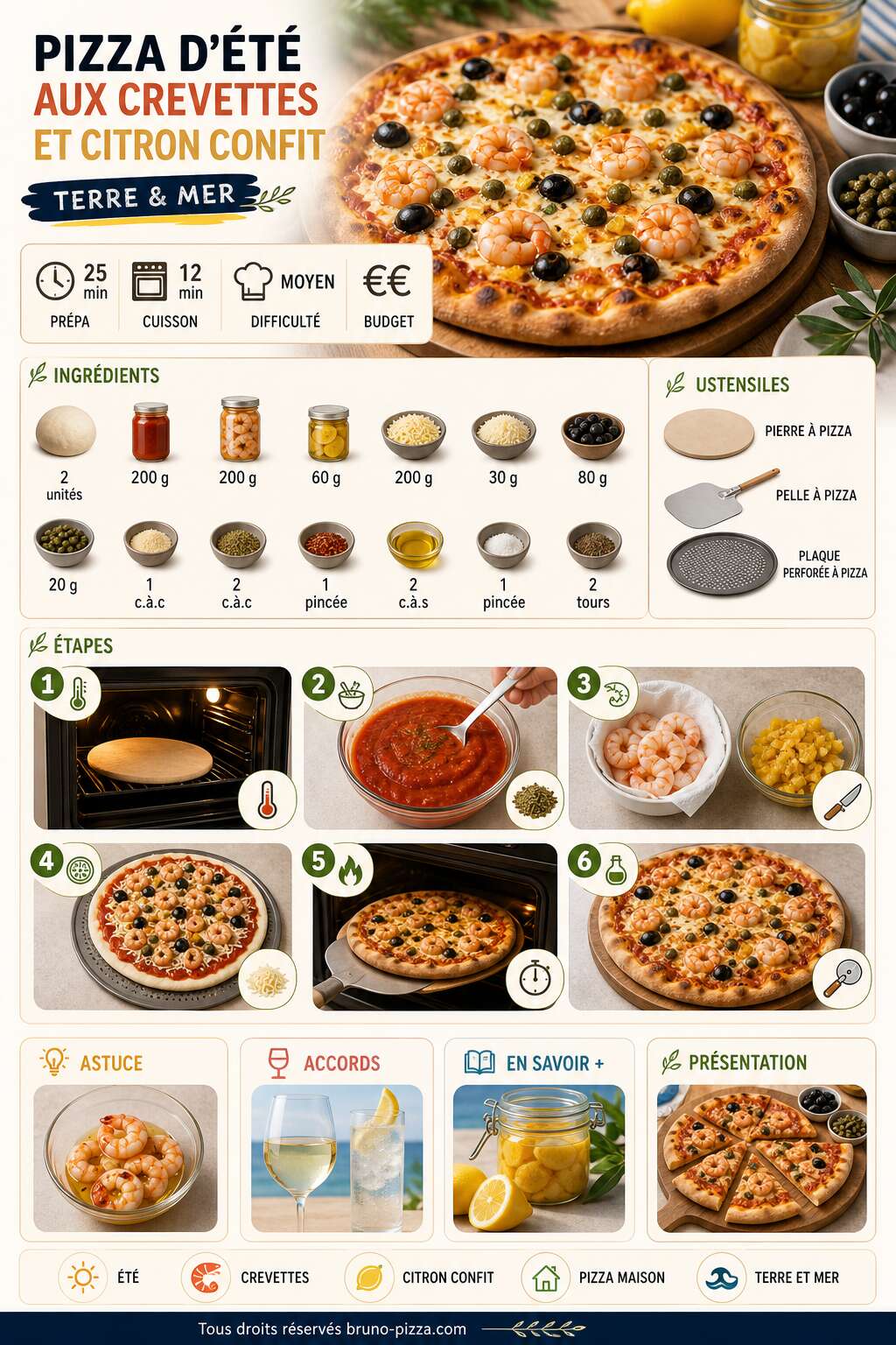 Fiche recette Pizza d'été aux crevettes et citron confit : une alliance surprenante entre terre et mer Fiche recette Pizza d'été aux crevettes et citron confit : une alliance surprenante entre terre et mer