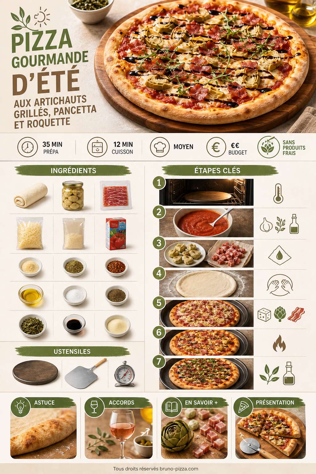 Fiche recette Pizza gourmande d'&eacute;t&eacute; aux artichauts grill&eacute;s, pancetta et roquette