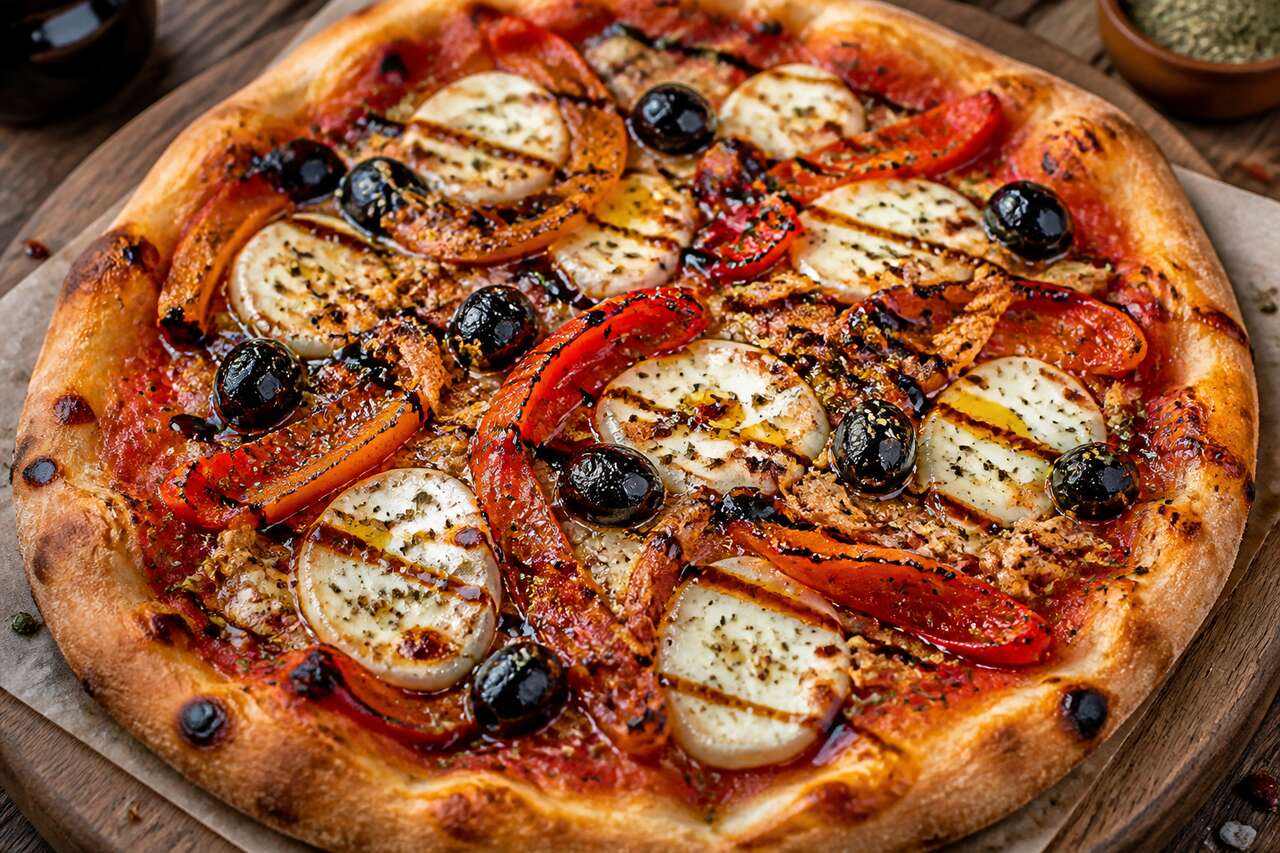 Pizza estivale aux poivrons grillés et chèvre fondant