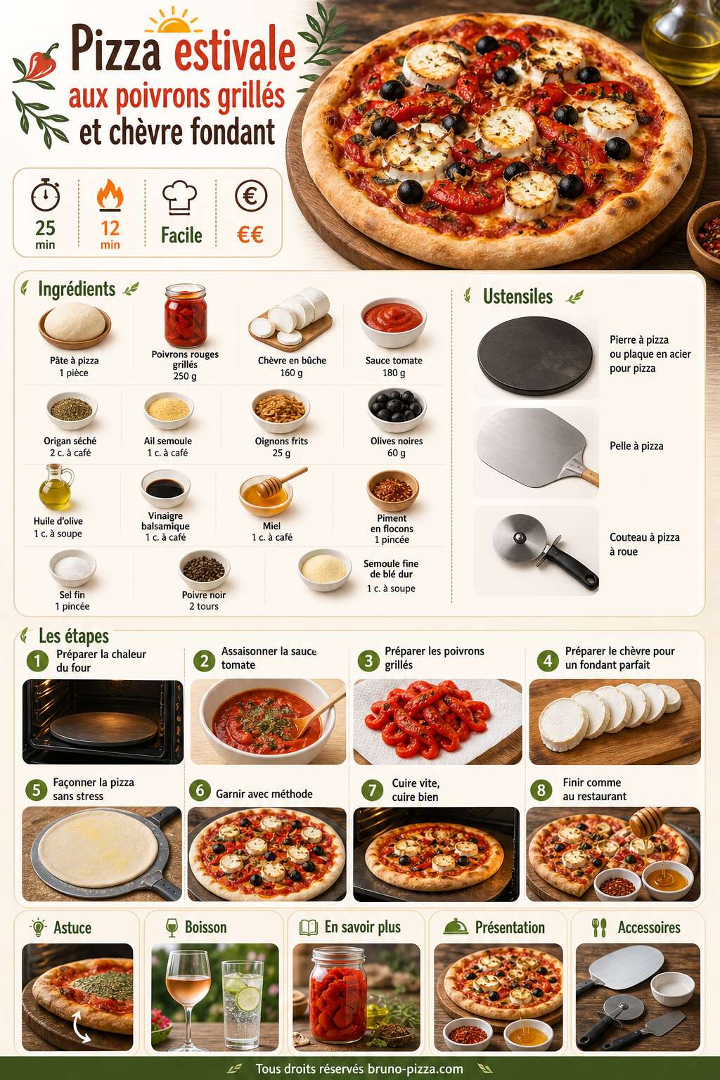 Fiche recette Pizza estivale aux poivrons grillés et chèvre fondant Fiche recette Pizza estivale aux poivrons grillés et chèvre fondant