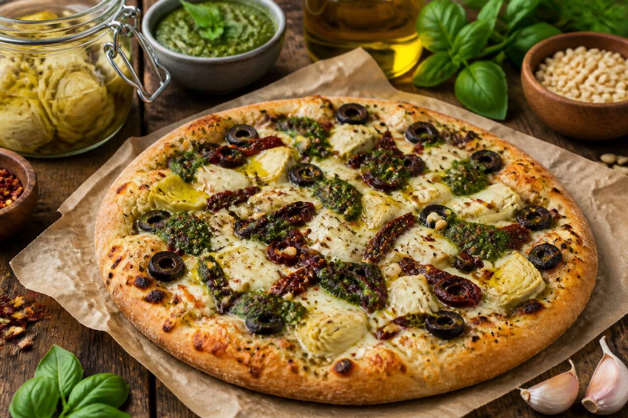 Pizza estivale aux artichauts et pesto de basilic