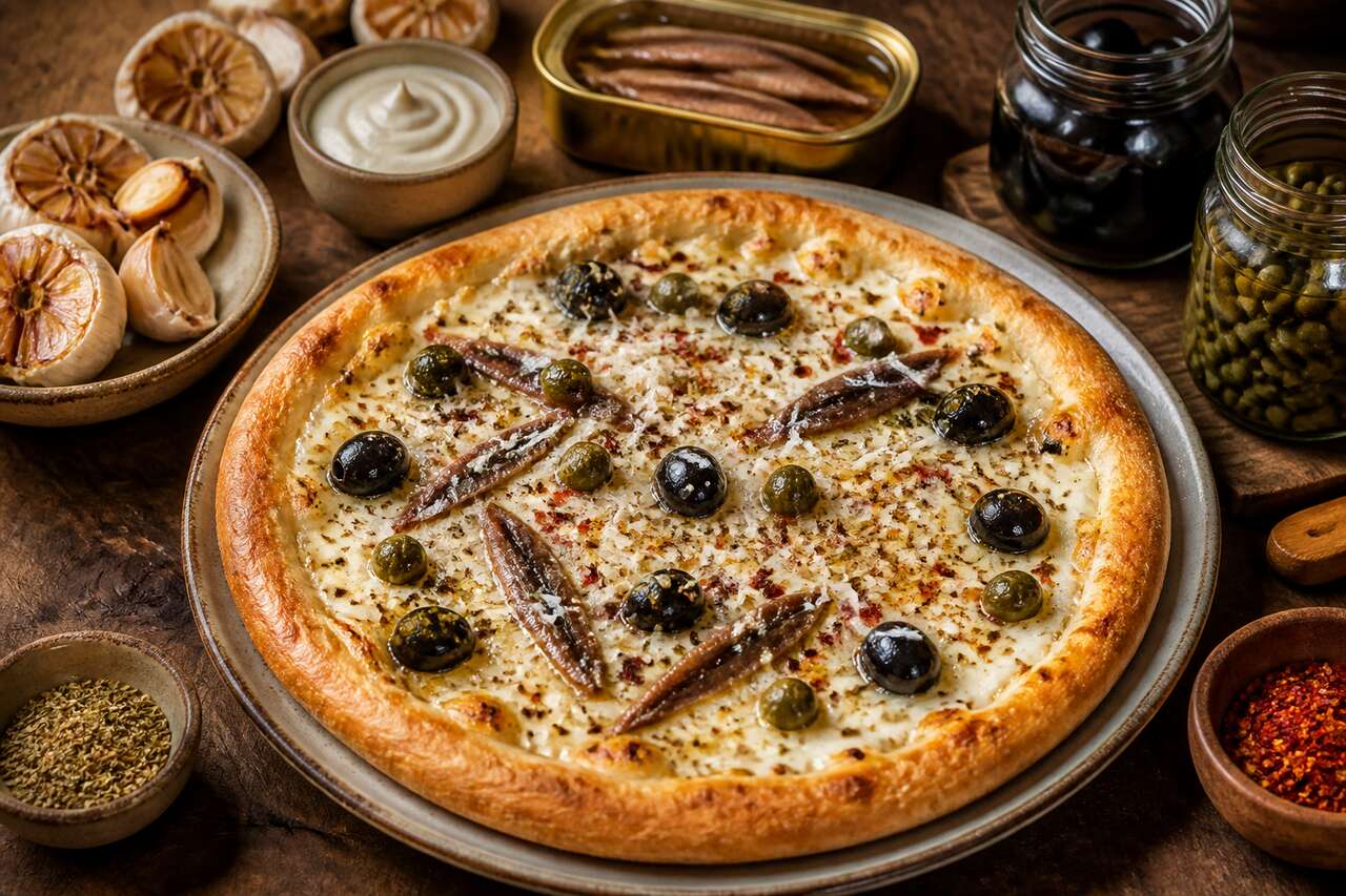 Pizza d'été aux olives et anchois sur lit de crème d'ail confit
