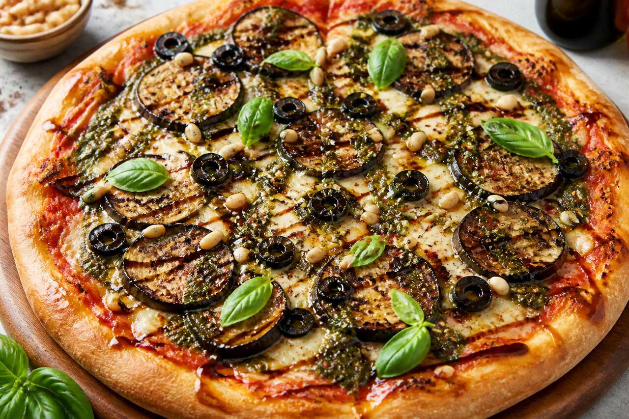 Pizza estivale aux aubergines grillées et pesto de basilic