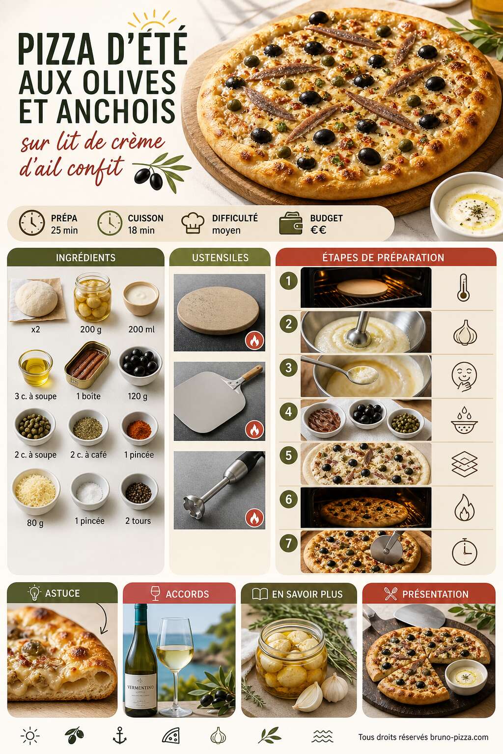Fiche recette Pizza d'été aux olives et anchois sur lit de crème d'ail confit Fiche recette Pizza d'été aux olives et anchois sur lit de crème d'ail confit