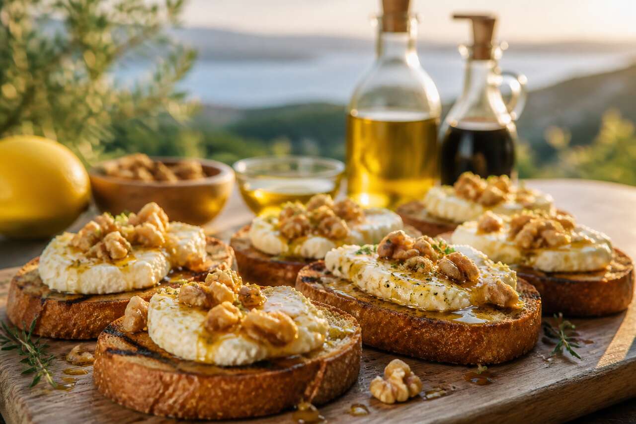 Bruschetta au chèvre frais, miel et noix : parfaite pour une soirée d'été sans cuisson