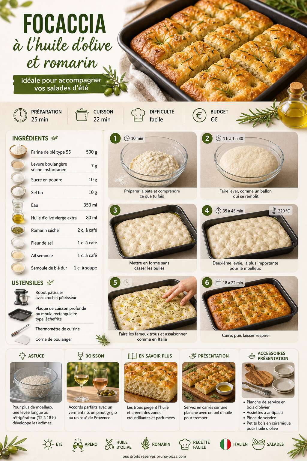 Fiche recette Focaccia &agrave; l'huile d'olive et romarin : id&eacute;ale pour accompagner vos salades d'&eacute;t&eacute;