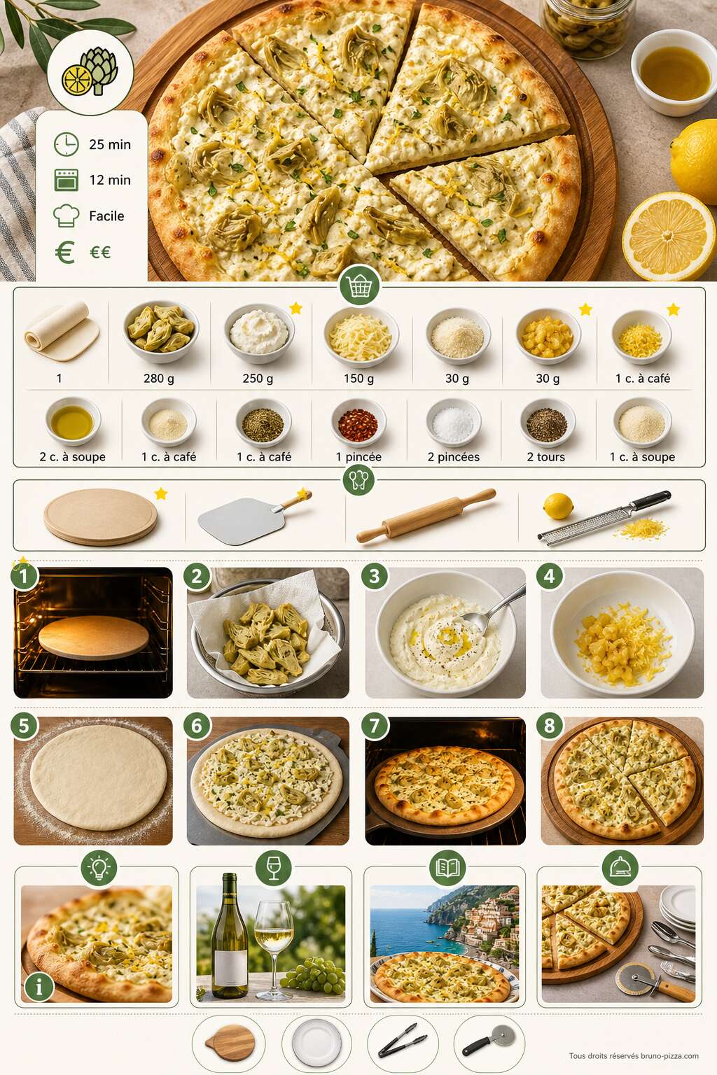Fiche recette Pizza bianco d'été aux artichauts, ricotta et citron Fiche recette Pizza bianco d'été aux artichauts, ricotta et citron