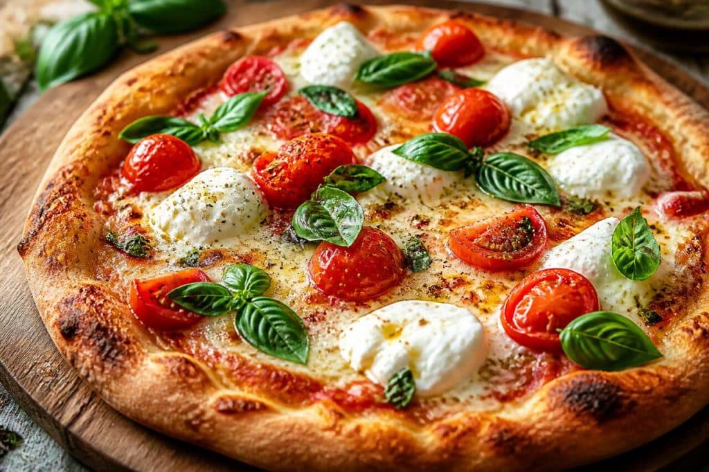 Pizza d'été à la burrata, tomates cerises et basilic frais