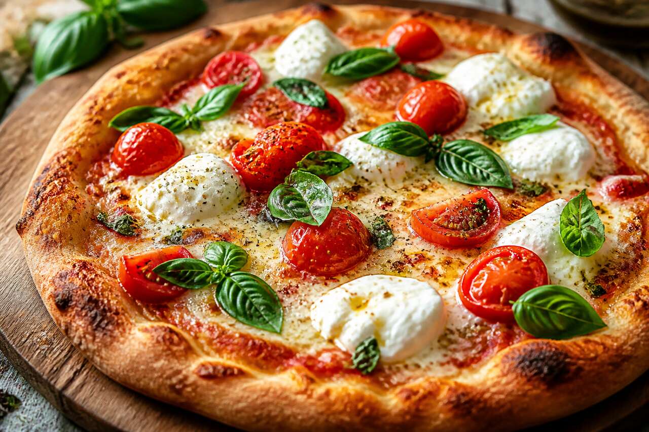 Pizza d'été à la burrata, tomates cerises et basilic frais