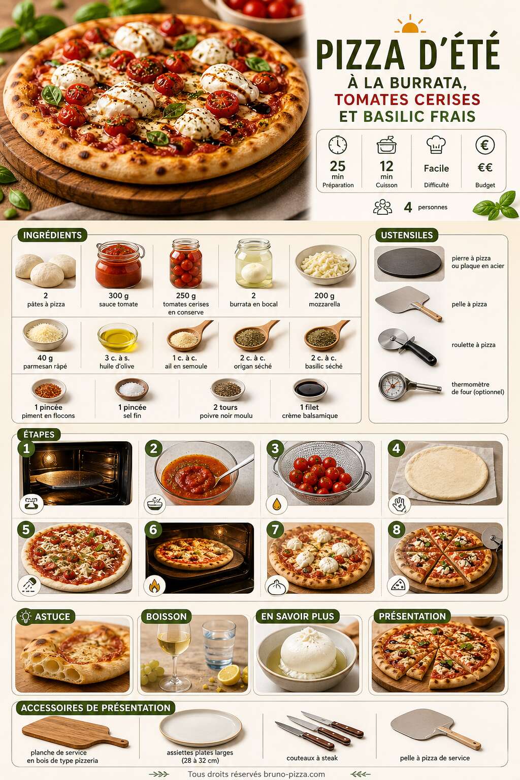 Fiche recette Pizza d'été à la burrata, tomates cerises et basilic frais Fiche recette Pizza d'été à la burrata, tomates cerises et basilic frais