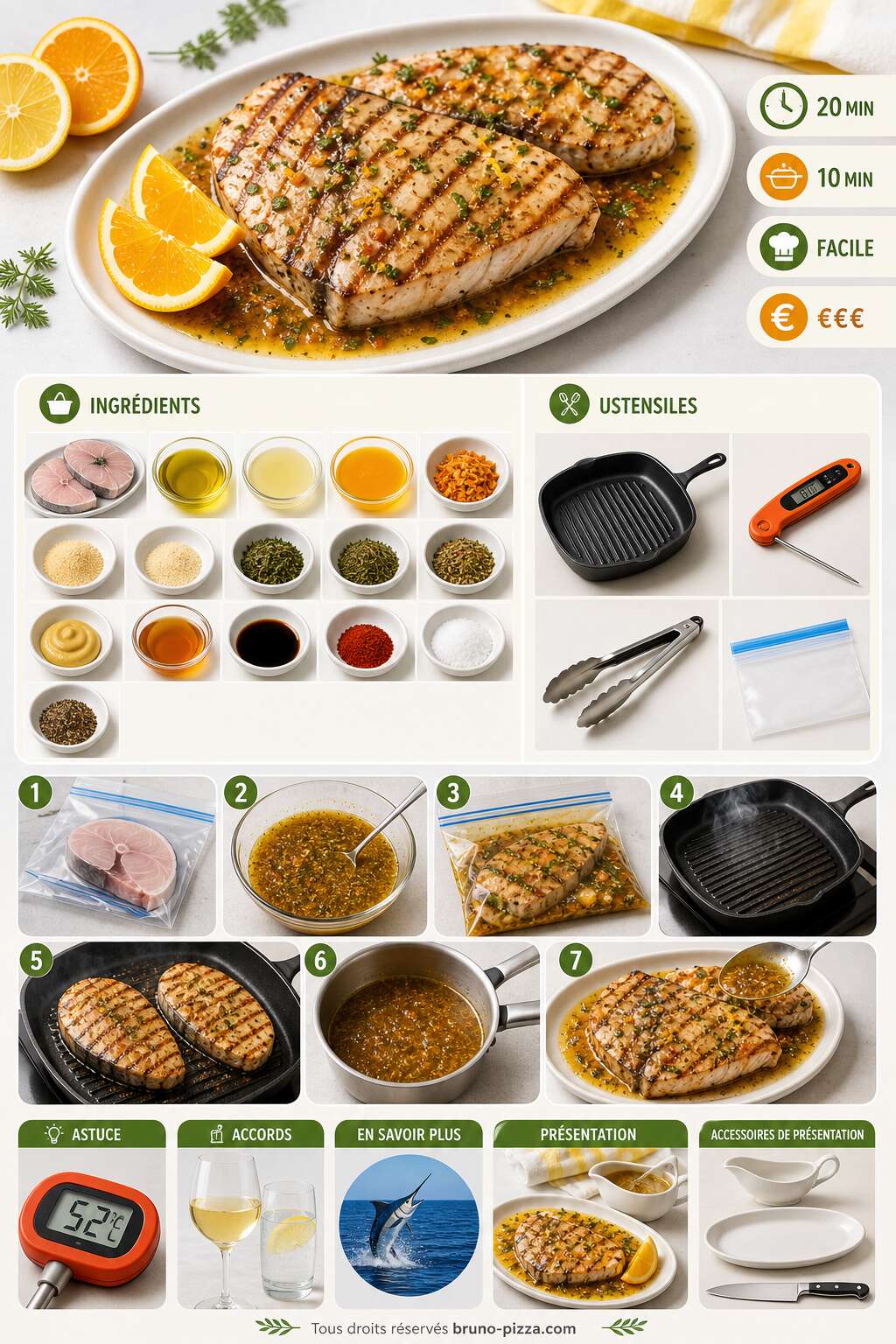 Fiche recette Tranches d'espadon grillées aux agrumes et fines herbes : recette estivale légère et acidulée Fiche recette Tranches d'espadon grillées aux agrumes et fines herbes : recette estivale légère et acidulée