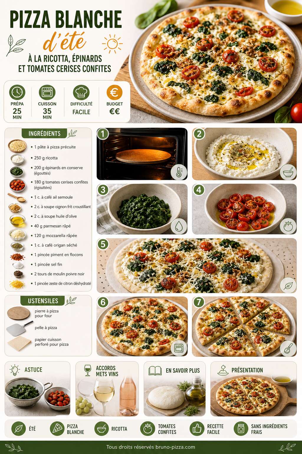 Fiche recette Pizza blanche d'été à la ricotta, épinards et tomates cerises confites Fiche recette Pizza blanche d'été à la ricotta, épinards et tomates cerises confites