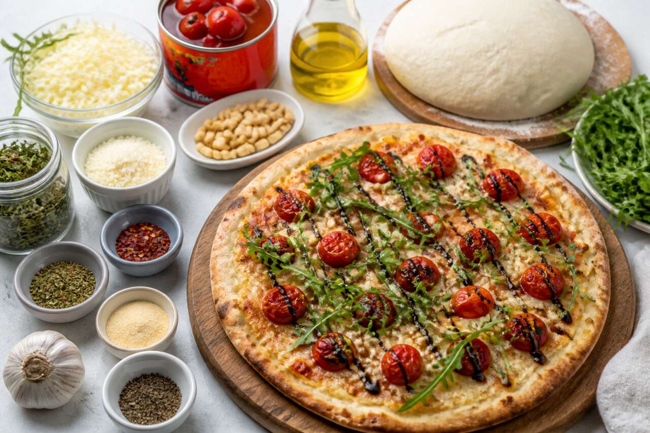 Pizza estivale aux tomates cerises rôties et roquette croquante