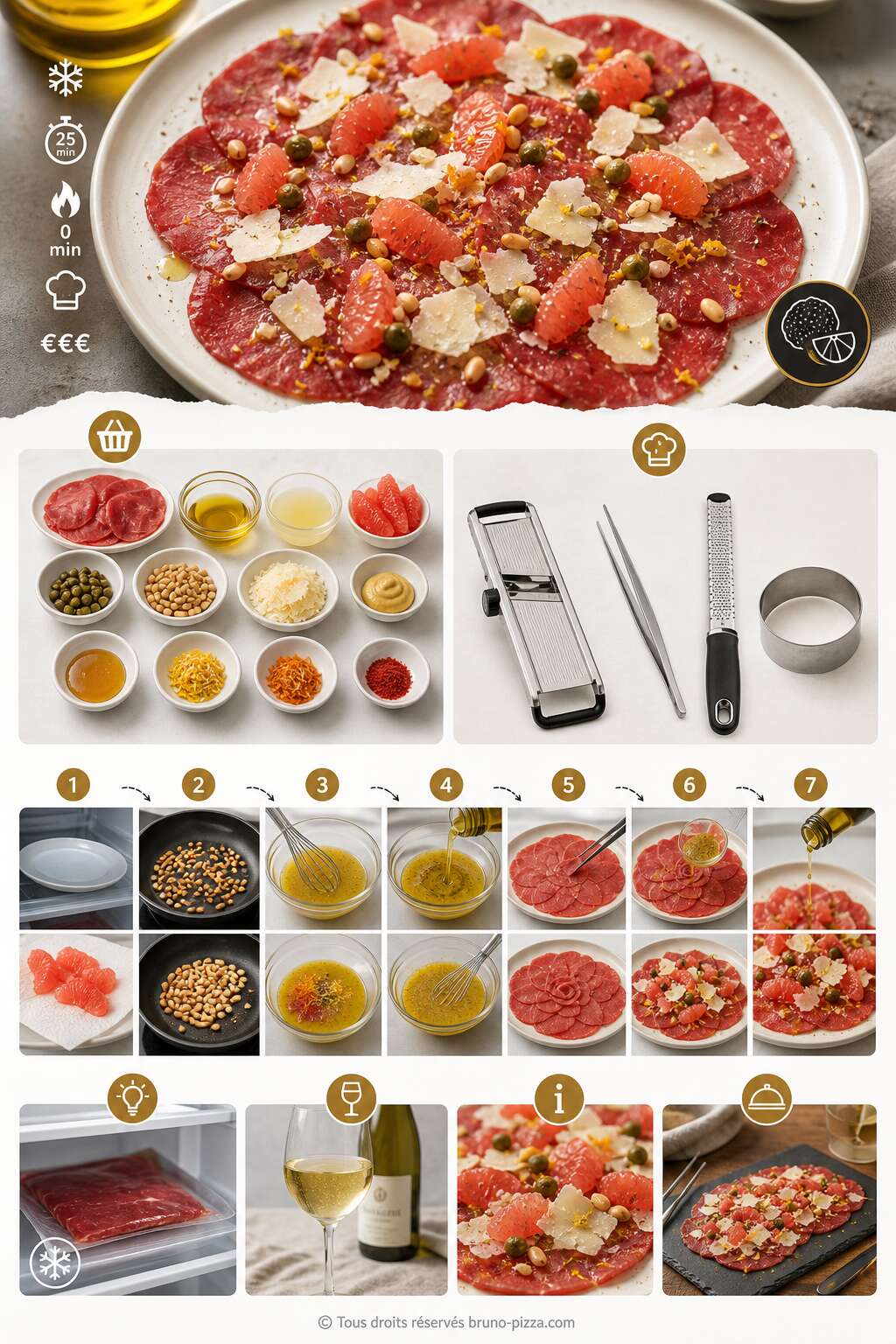 Fiche recette Carpaccio de bœuf aux agrumes et huile de truffe : une entrée glacée et gourmande pour l'été Fiche recette Carpaccio de bœuf aux agrumes et huile de truffe : une entrée glacée et gourmande pour l'été