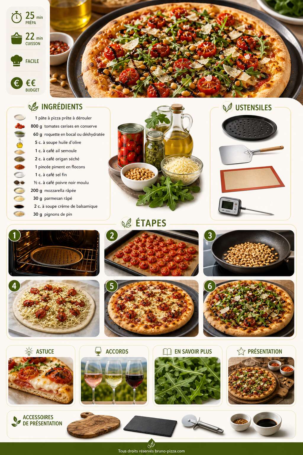 Fiche recette Pizza estivale aux tomates cerises rôties et roquette croquante Fiche recette Pizza estivale aux tomates cerises rôties et roquette croquante