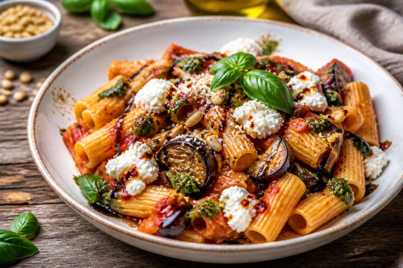Pasta alla norma twistée au pesto de basilic et ricotta : un classique italien version estivale