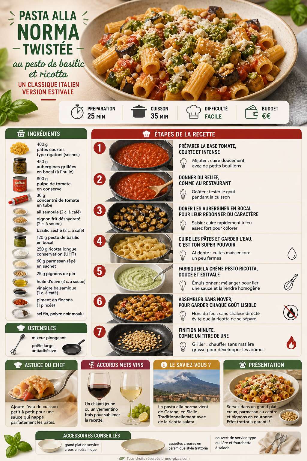 Fiche recette Pasta alla norma twistée au pesto de basilic et ricotta : un classique italien version estivale Fiche recette Pasta alla norma twistée au pesto de basilic et ricotta : un classique italien version estivale