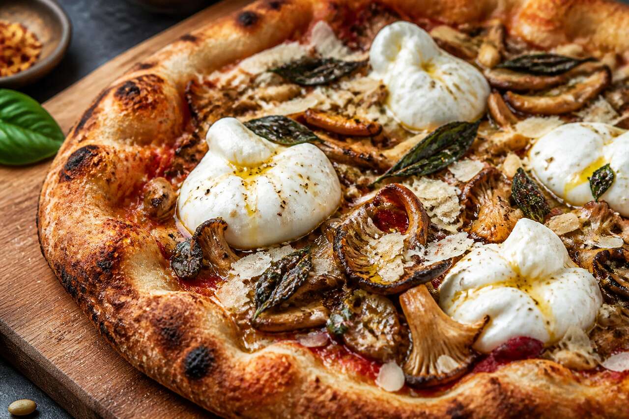 Pizza estivale à la burrata et champignons sauvages