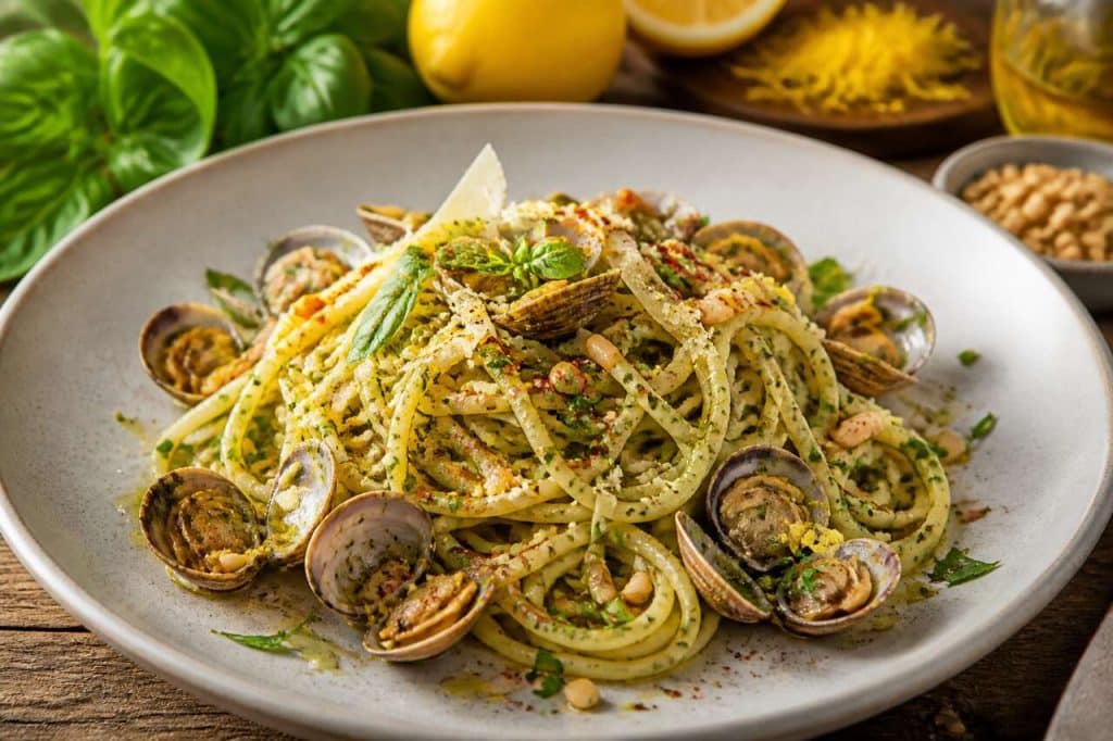 Spaghetti alle vongole revisités au pesto de basilic et citron : un vent de fraîcheur marine