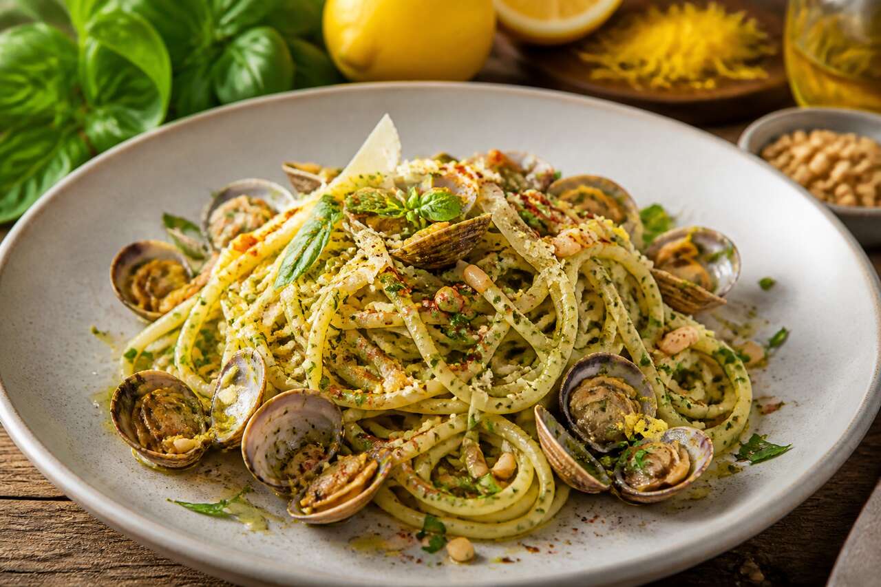 Spaghetti alle vongole revisités au pesto de basilic et citron : un vent de fraîcheur marine