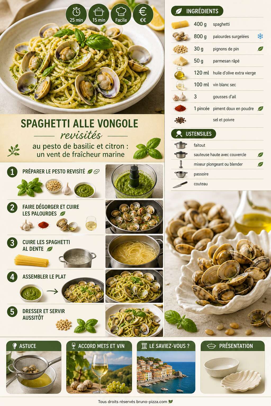 Fiche recette Spaghetti alle vongole revisit&eacute;s au pesto de basilic et citron : un vent de fra&icirc;cheur marine