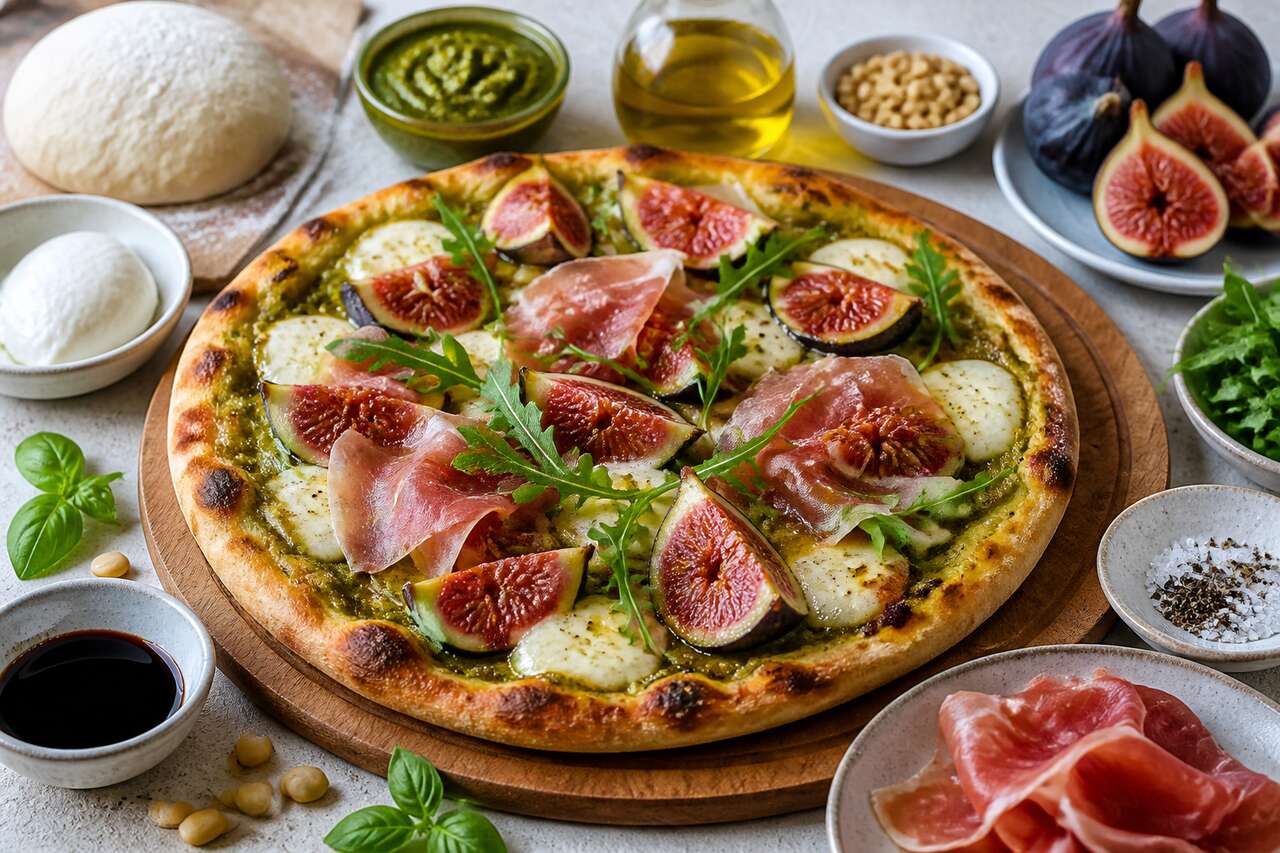 Pizza estivale au pesto et mozzarella twistée aux figues fraîches et jambon de Parme
