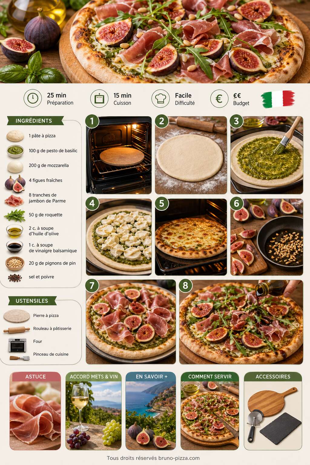 Fiche recette Pizza estivale au pesto et mozzarella twistée aux figues fraîches et jambon de Parme Fiche recette Pizza estivale au pesto et mozzarella twistée aux figues fraîches et jambon de Parme